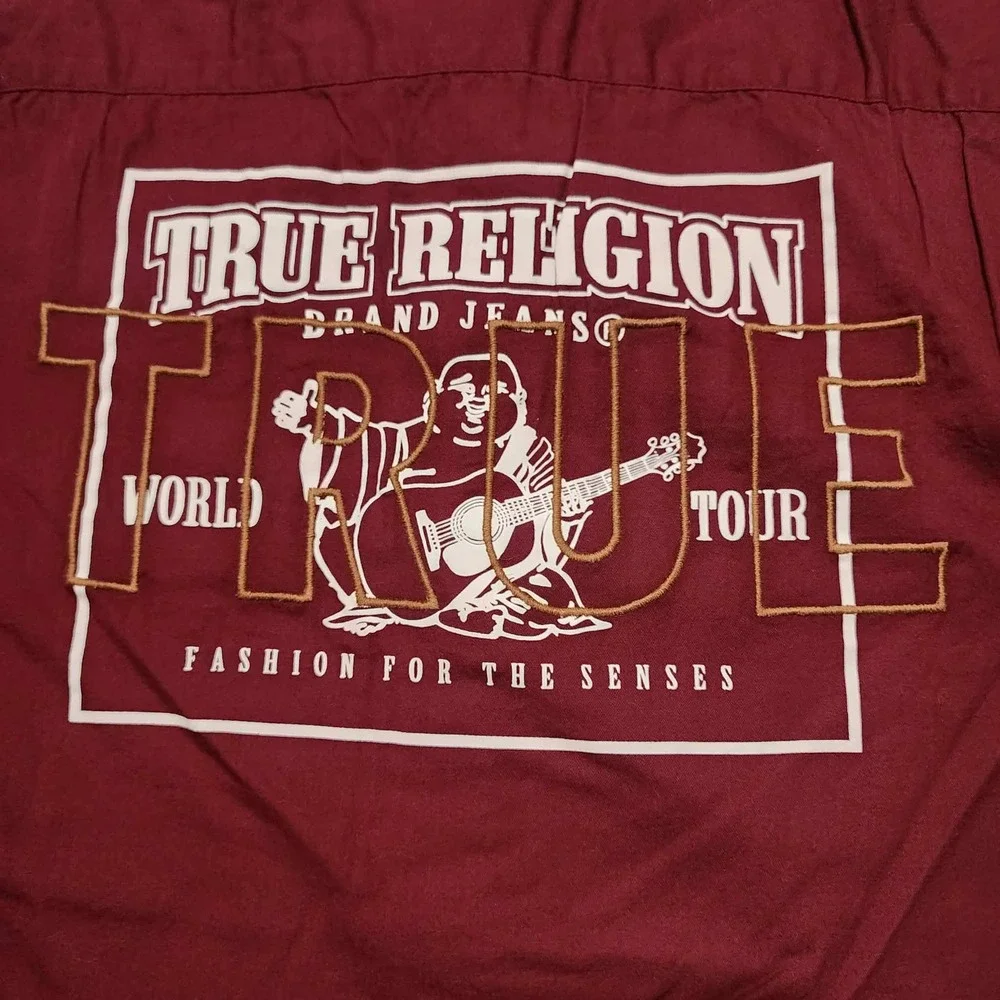 True Religion Mens Burgundy World Tour Buddha Button Down Shirt XL long sleeve